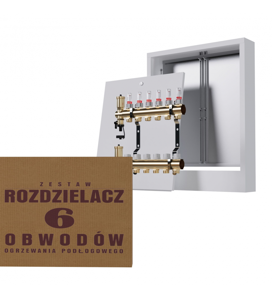 Zestaw rozdzielacz mosiężny 6-obwodowy + skrzynka natynkowa biała - Wysyłka24h