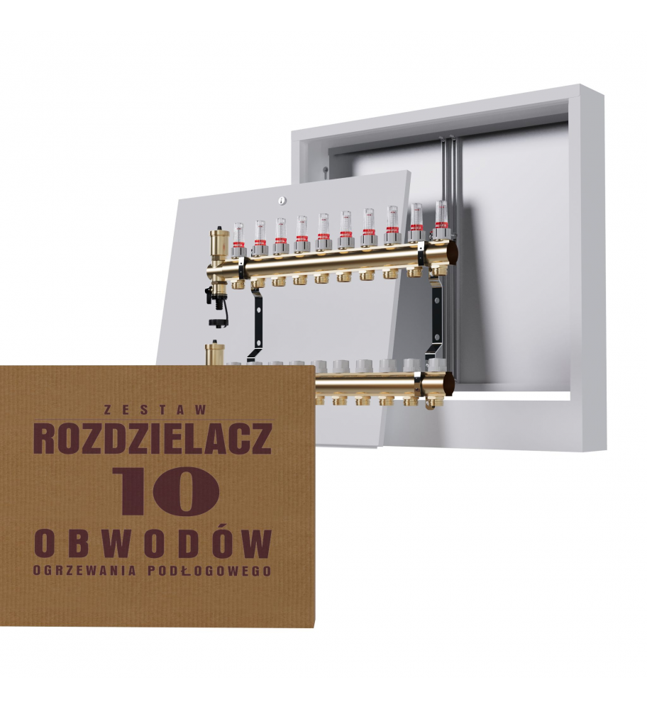 Zestaw mosiężny rozdzielacz 10 obwodowy + Skrzynka Natynkowa biała Wysyłka24h