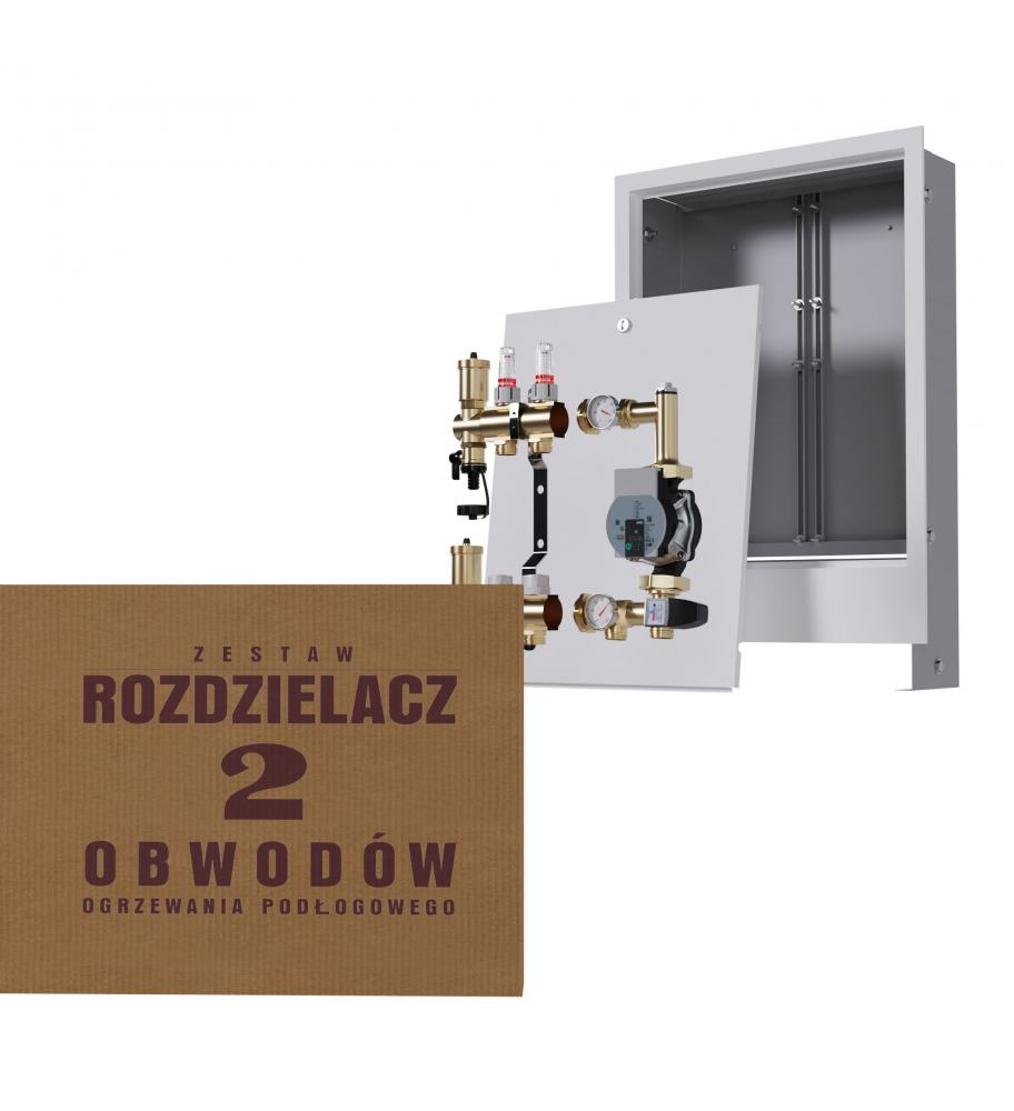 Mosiężny rozdzielacz 2-obwodowy + Grupa pompowa WILO + skrzynka podtynkowa
