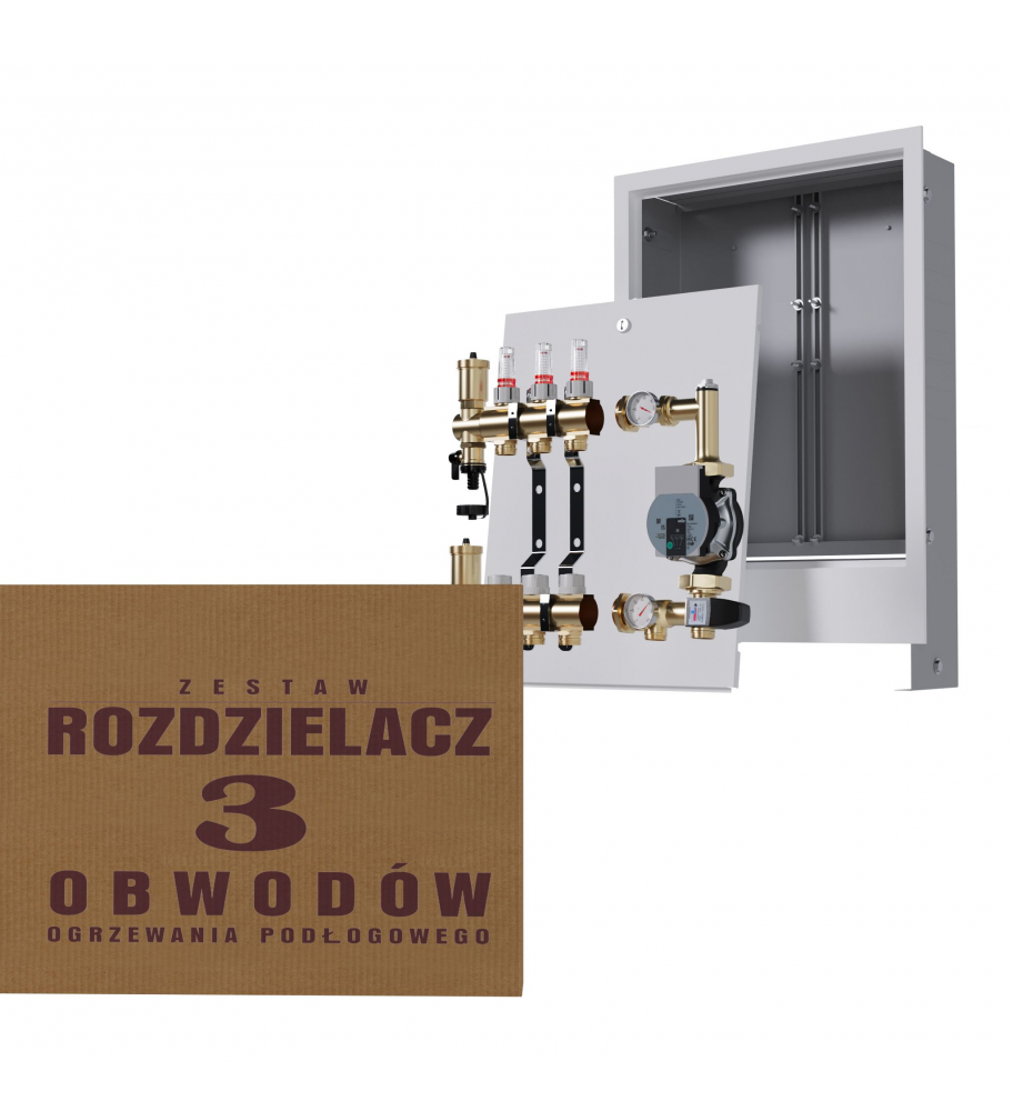 Mosiężny rozdzielacz 3-obwodowy + Grupa pompowa WILO + skrzynka podtynkowa