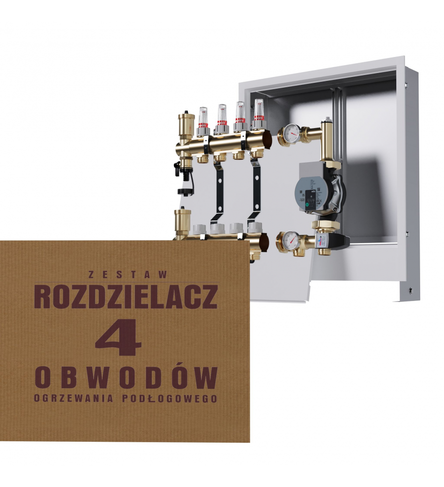 Mosiężny rozdzielacz 4-obwodowy + Grupa pompowa WILO + skrzynka podtynkowa