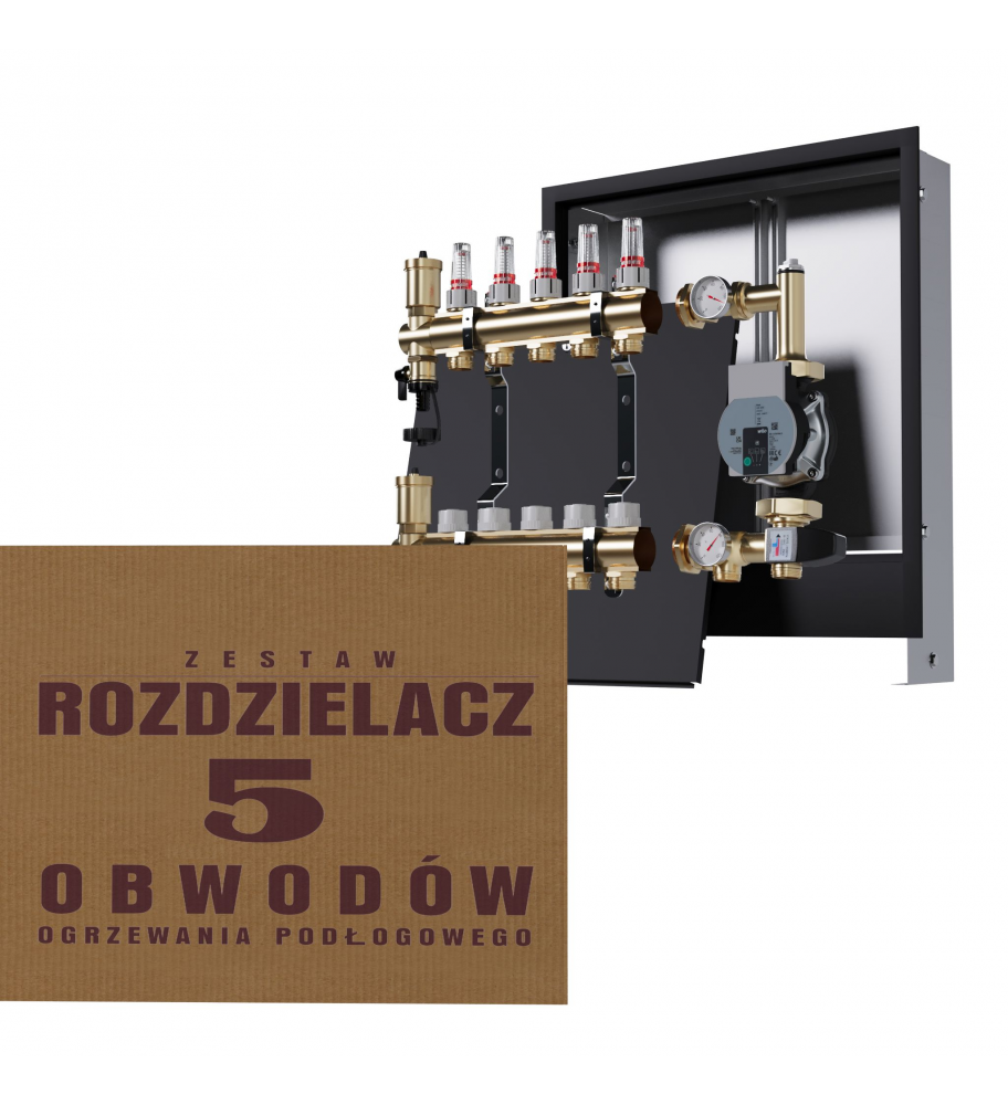 Mosiężny rozdzielacz 5-obwodowy + Grupa pompowa WILO + skrzynka podtynkowa