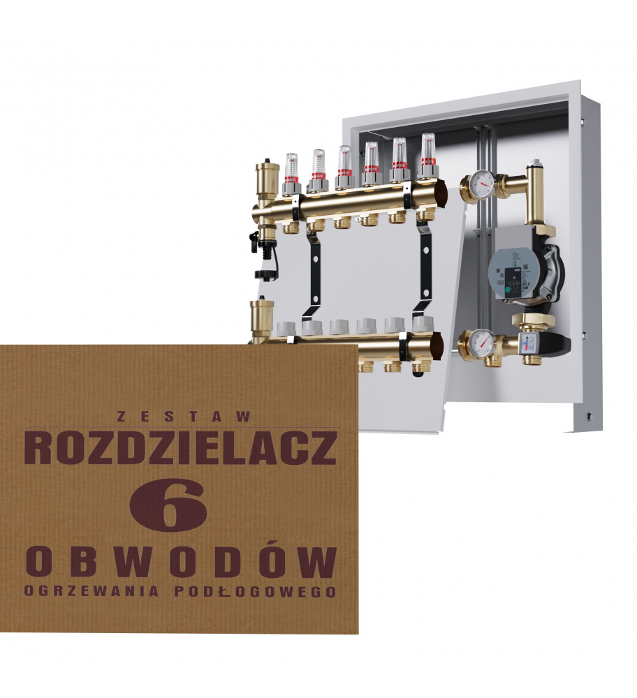 Mosiężny rozdzielacz 6-obwodowy + Grupa pompowa WILO + skrzynka podtynkowa