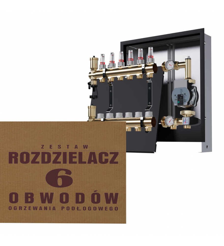 Mosiężny rozdzielacz 6-obwodowy + Grupa pompowa WILO + skrzynka podtynkowa