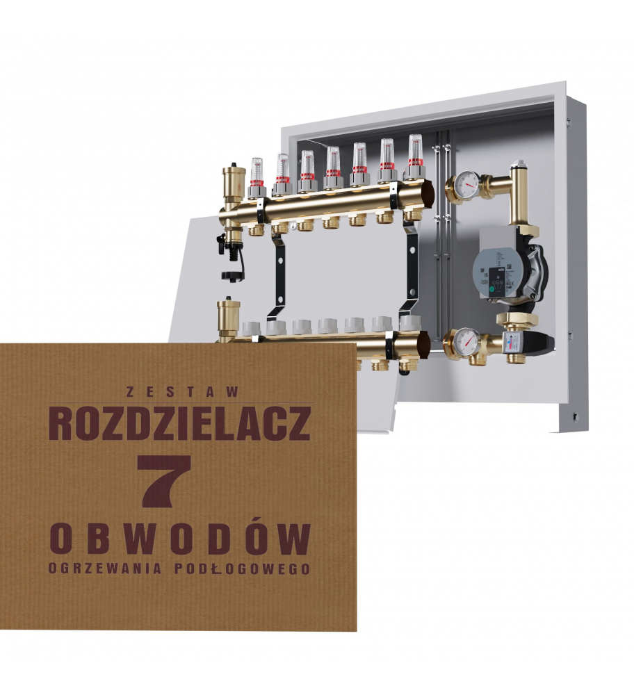 Mosiężny rozdzielacz 7-obwodowy + Grupa pompowa WILO + skrzynka podtynkowa