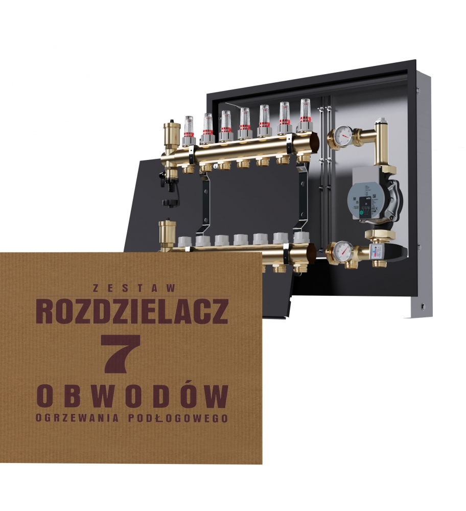 Mosiężny rozdzielacz 7-obwodowy + Grupa pompowa WILO + skrzynka podtynkowa