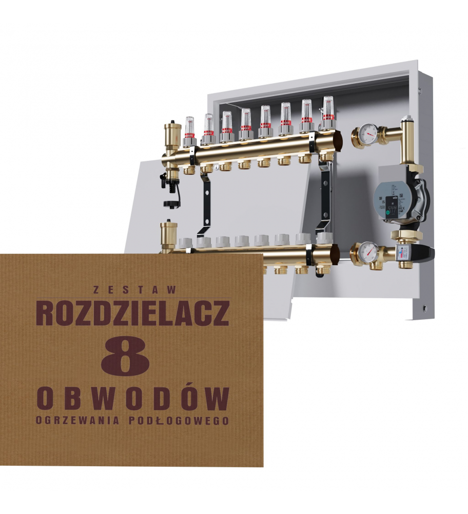 Mosiężny rozdzielacz 8-obwodowy + Grupa pompowa WILO + skrzynka podtynkowa