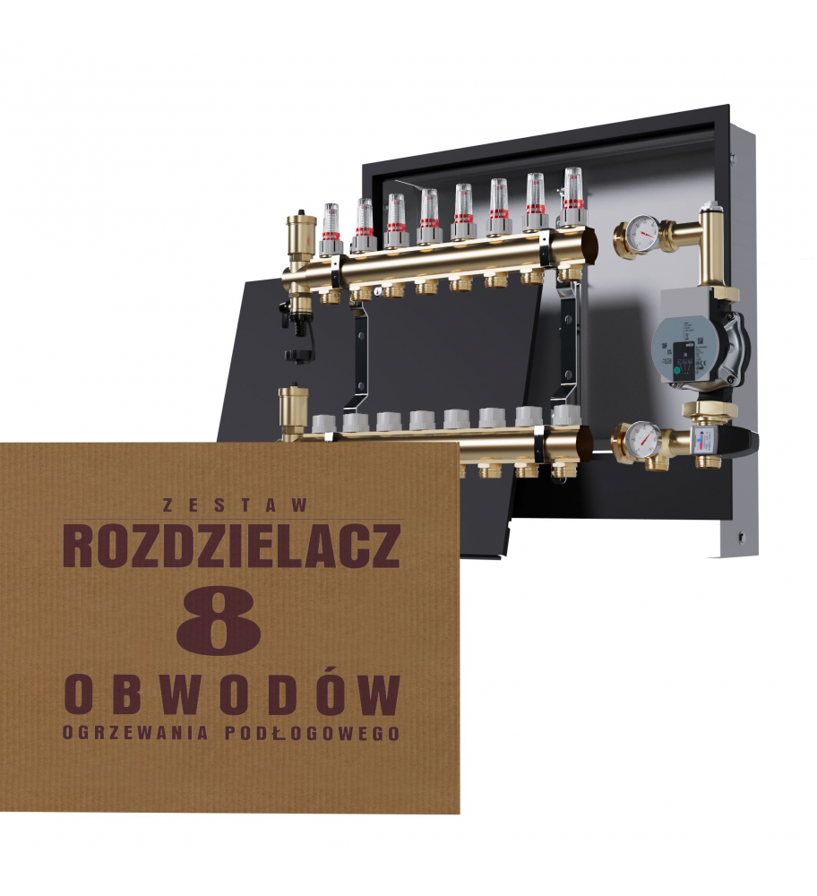 Mosiężny rozdzielacz 8-obwodowy + Grupa pompowa WILO + skrzynka podtynkowa
