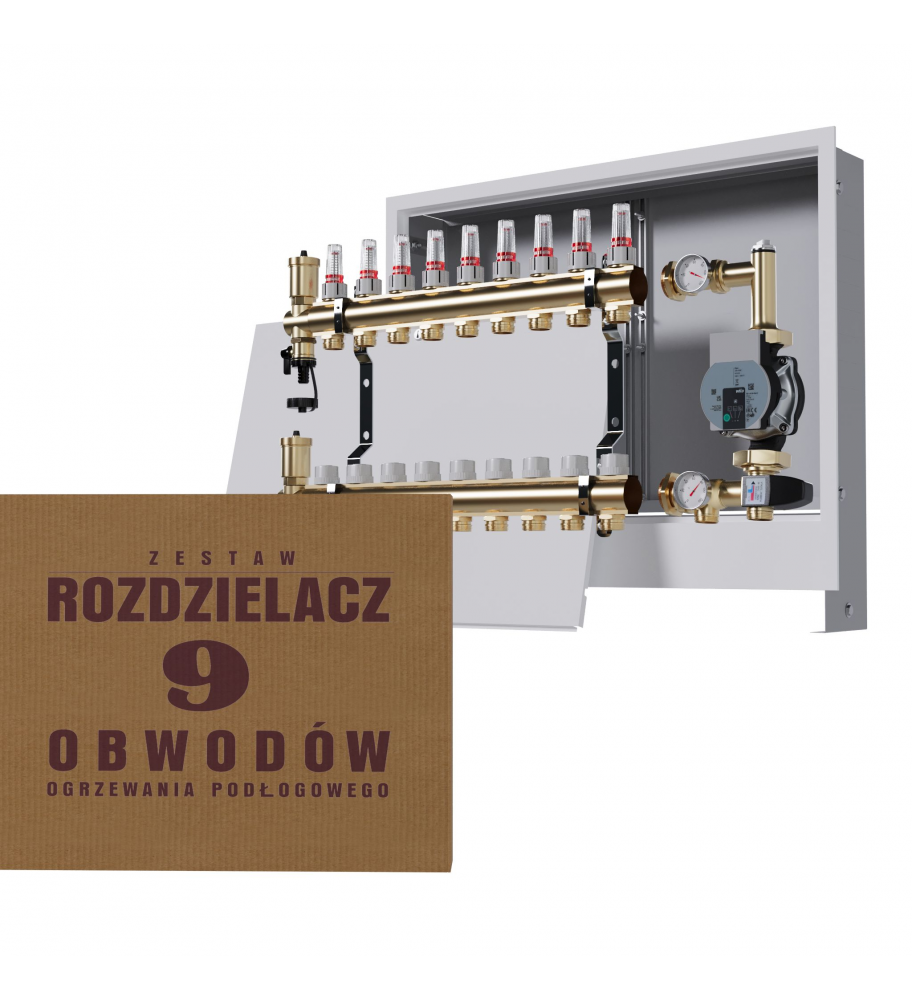 Mosiężny rozdzielacz 9-obwodowy + Grupa pompowa WILO + skrzynka podtynkowa