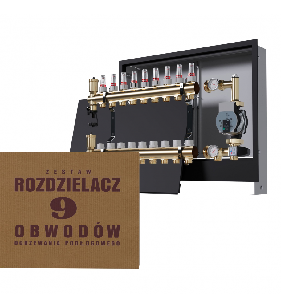Mosiężny rozdzielacz 9-obwodowy + Grupa pompowa WILO + skrzynka podtynkowa