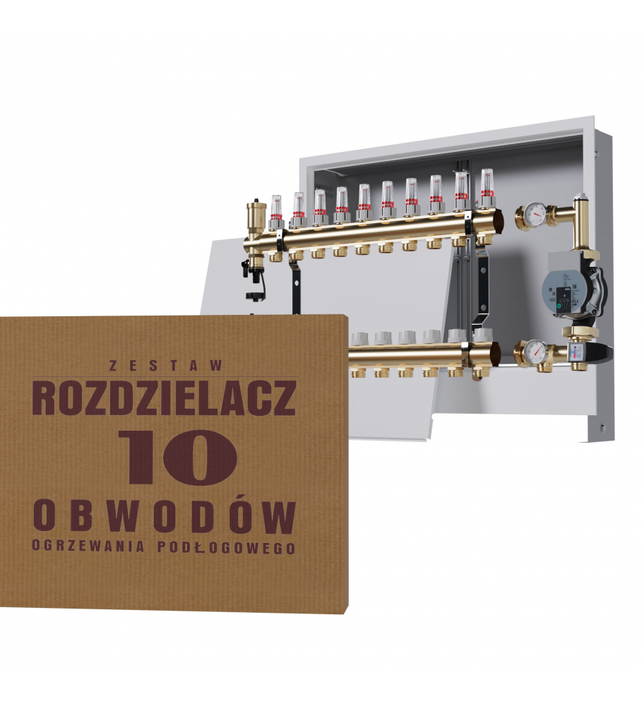 Mosiężny rozdzielacz 10-obwodowy + Grupa pompowa WILO + skrzynka podtynkowa