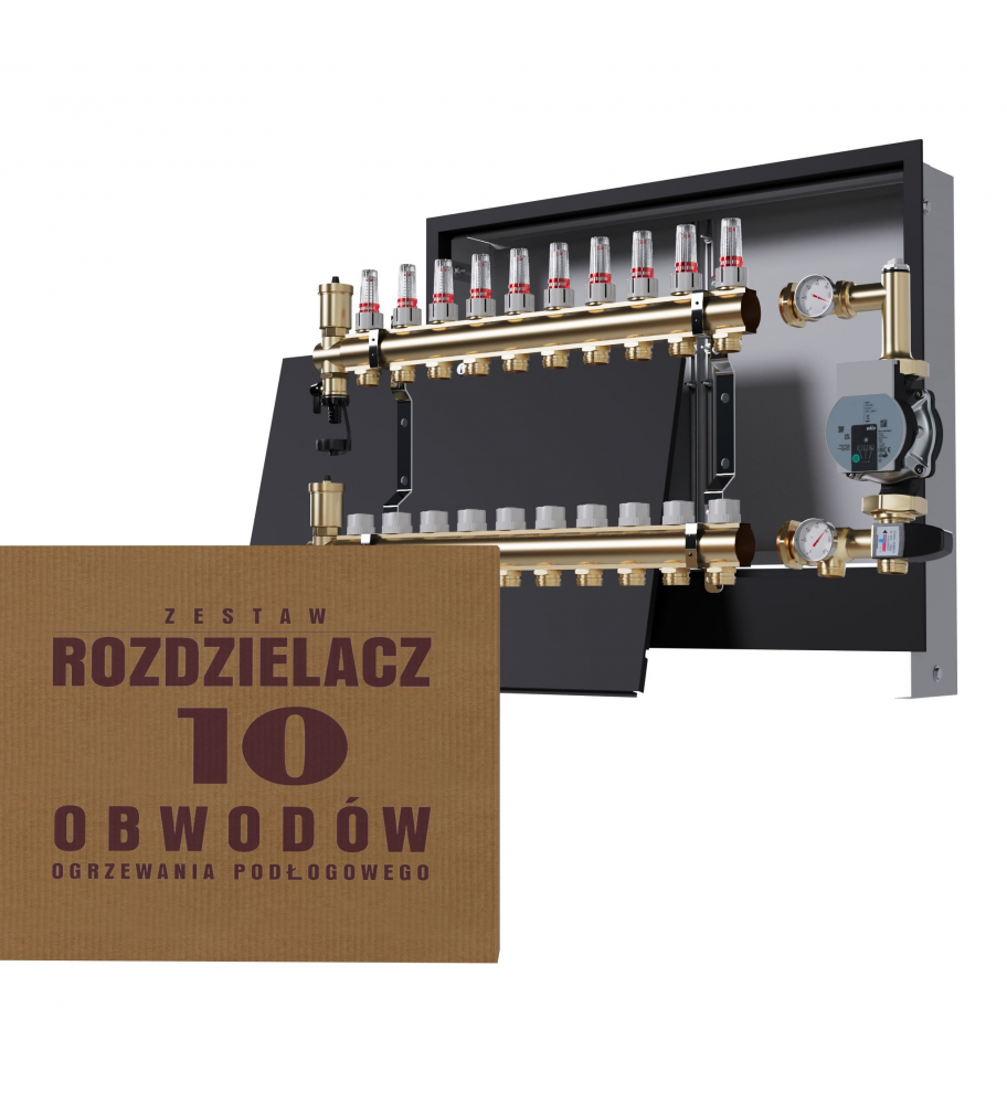 Mosiężny rozdzielacz 10-obwodowy + Grupa pompowa WILO + skrzynka podtynkowa