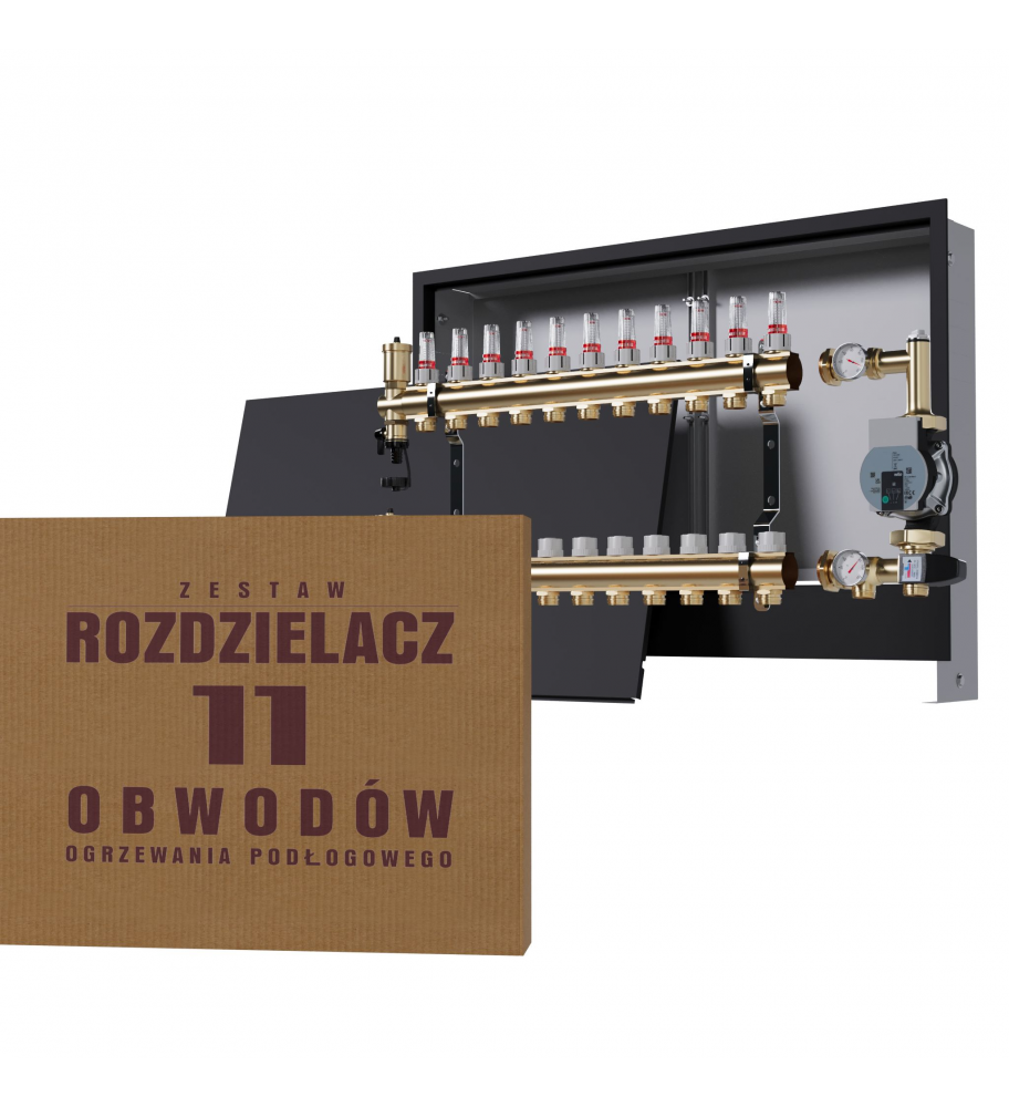 Mosiężny rozdzielacz 11-obwodowy + Grupa pompowa WILO + skrzynka podtynkowa