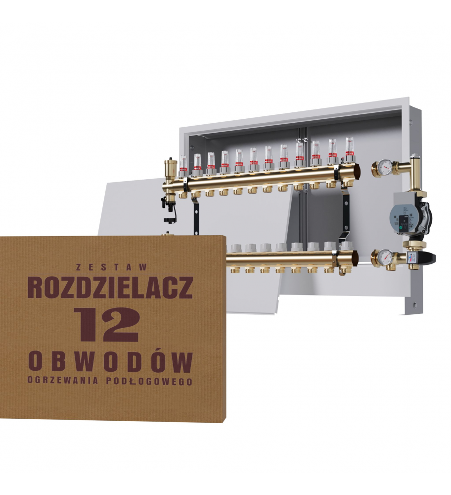Mosiężny rozdzielacz 12-obwodowy + Grupa pompowa WILO + skrzynka podtynkowa