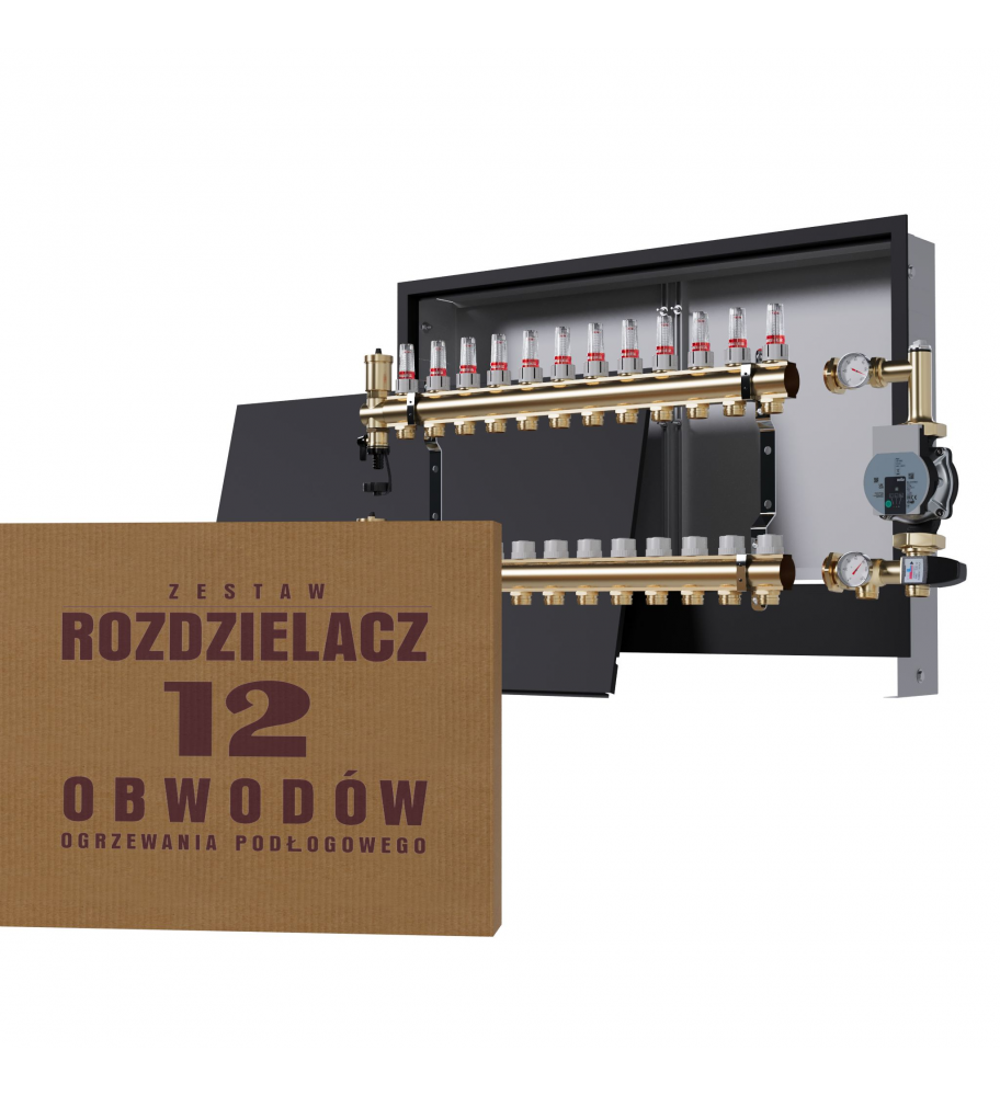 Mosiężny rozdzielacz 12-obwodowy + Grupa pompowa WILO + skrzynka podtynkowa