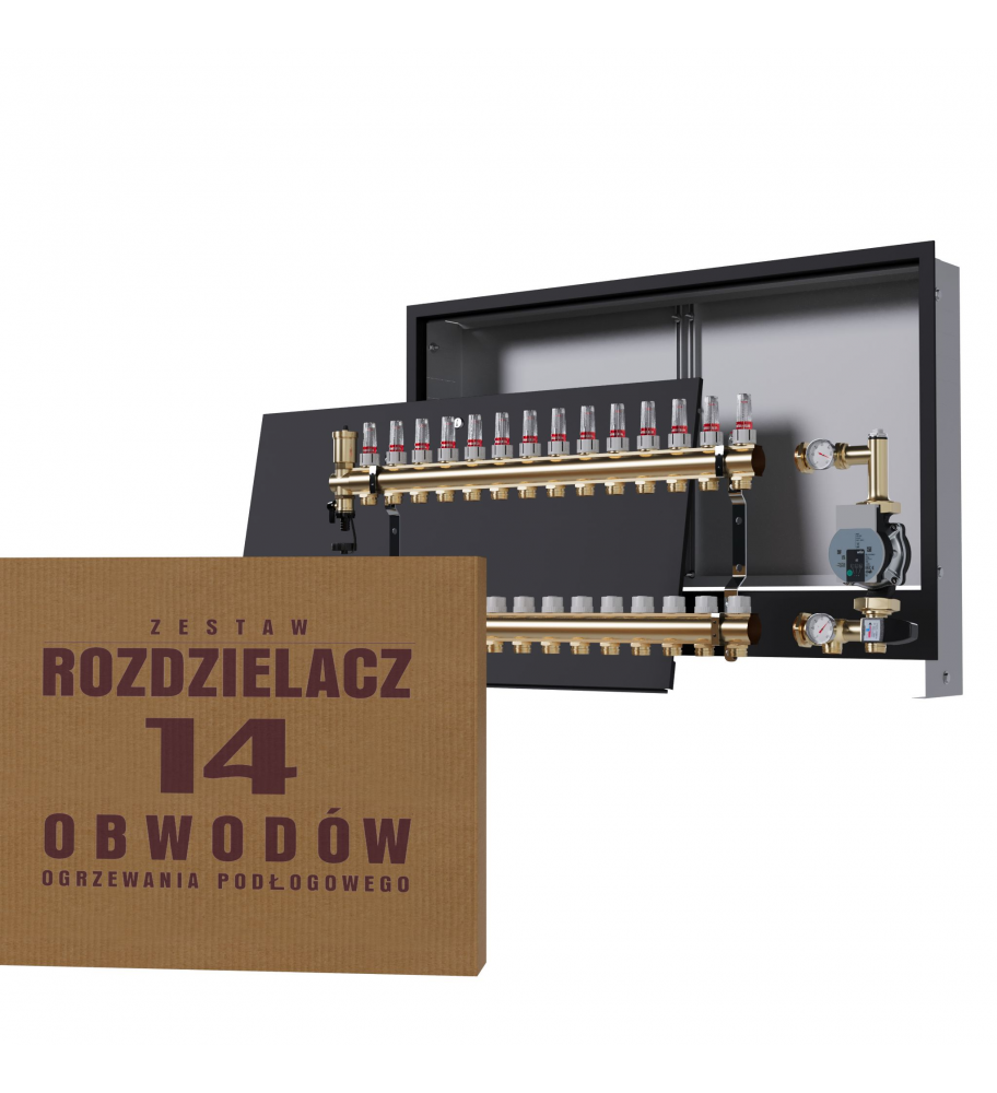 Mosiężny rozdzielacz 14-obwodowy + Grupa pompowa WILO + skrzynka podtynkowa