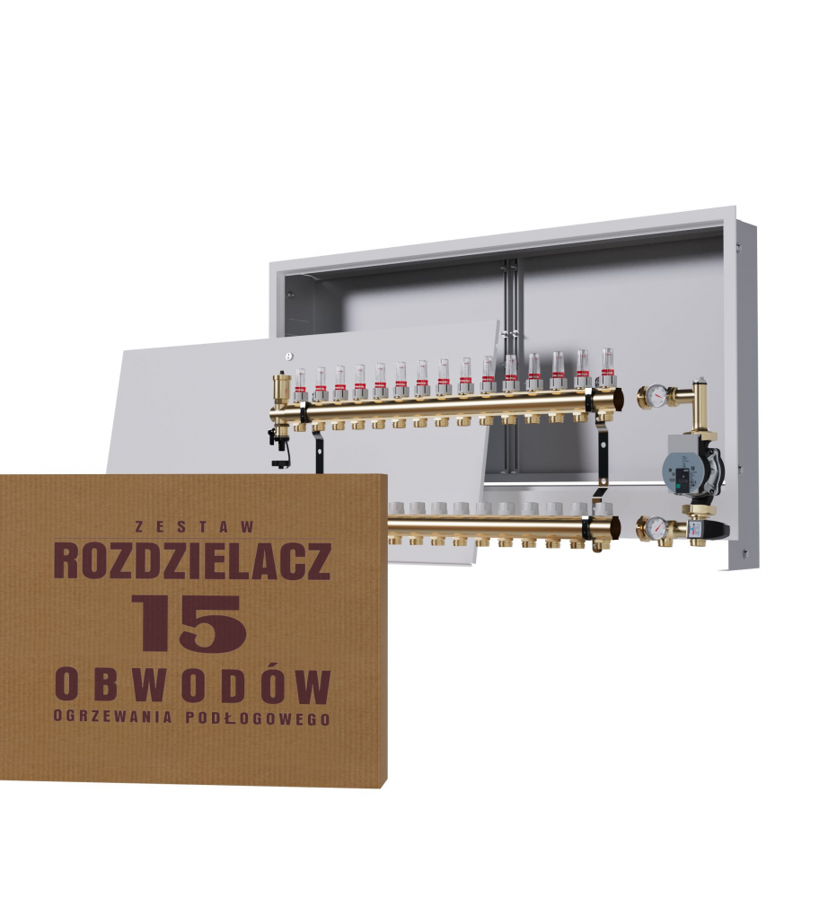 Mosiężny rozdzielacz 15-obwodowy + Grupa pompowa WILO + skrzynka podtynkowa