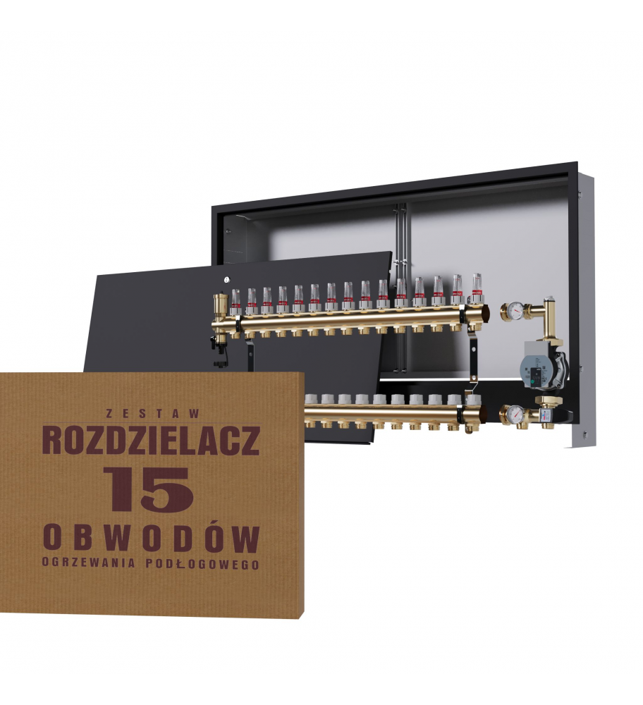 Mosiężny rozdzielacz 15-obwodowy + Grupa pompowa WILO + skrzynka podtynkowa
