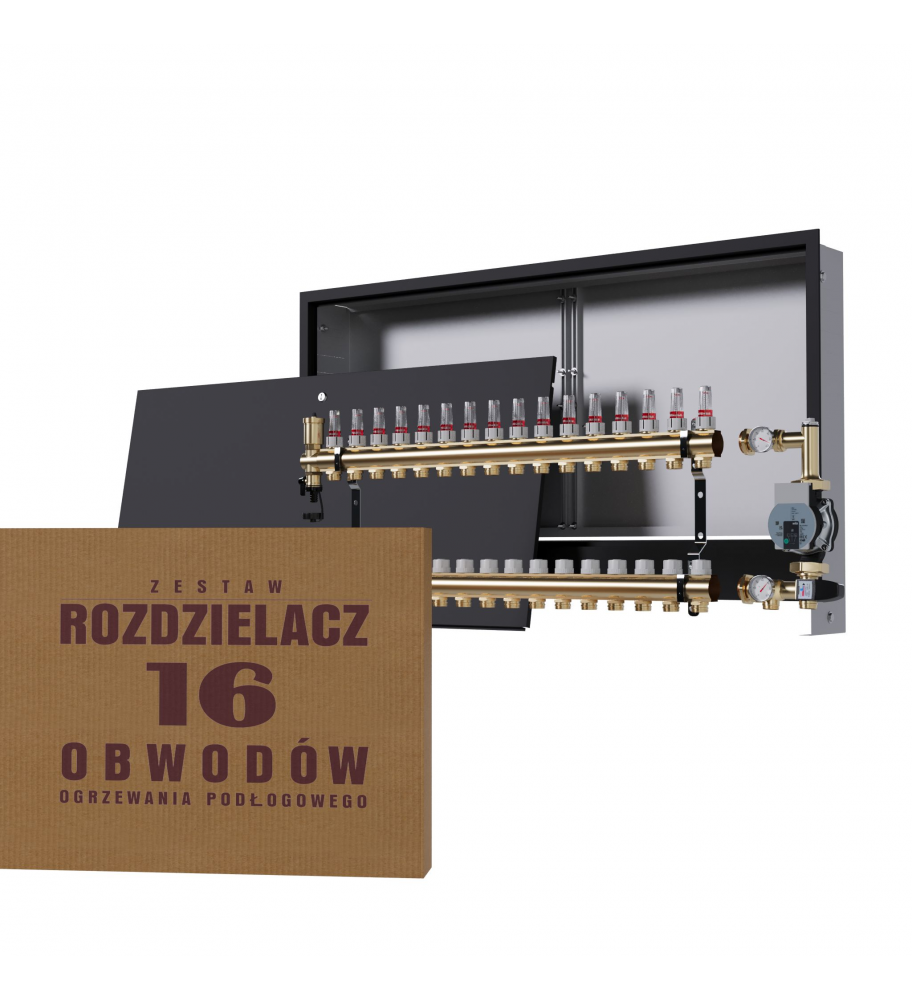 Mosiężny rozdzielacz 16-obwodowy + Grupa pompowa WILO + skrzynka podtynkowa