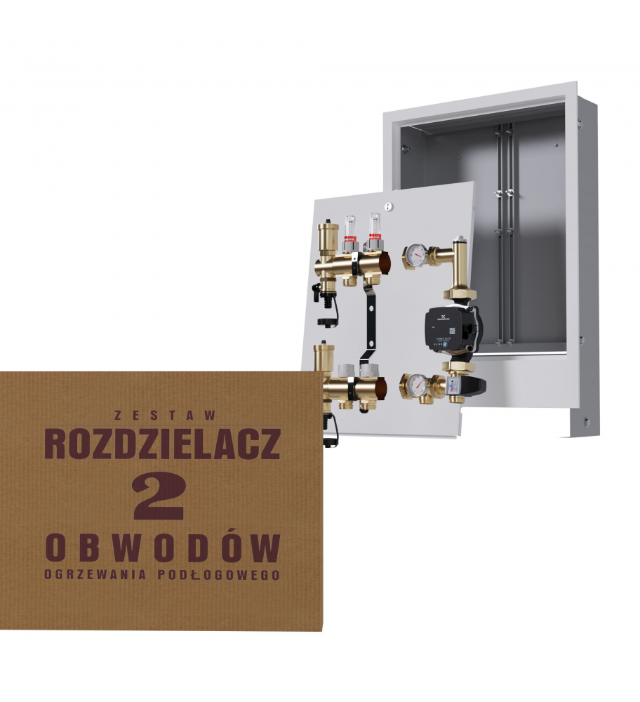 Mosiężny rozdzielacz 2-obwodowy + Grupa pompowa GRUNDFOS + skrzynka podtynkowa