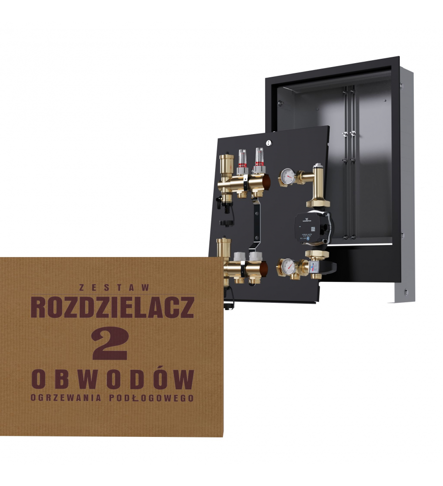 Mosiężny rozdzielacz 2-obwodowy + Grupa pompowa GRUNDFOS + skrzynka podtynkowa