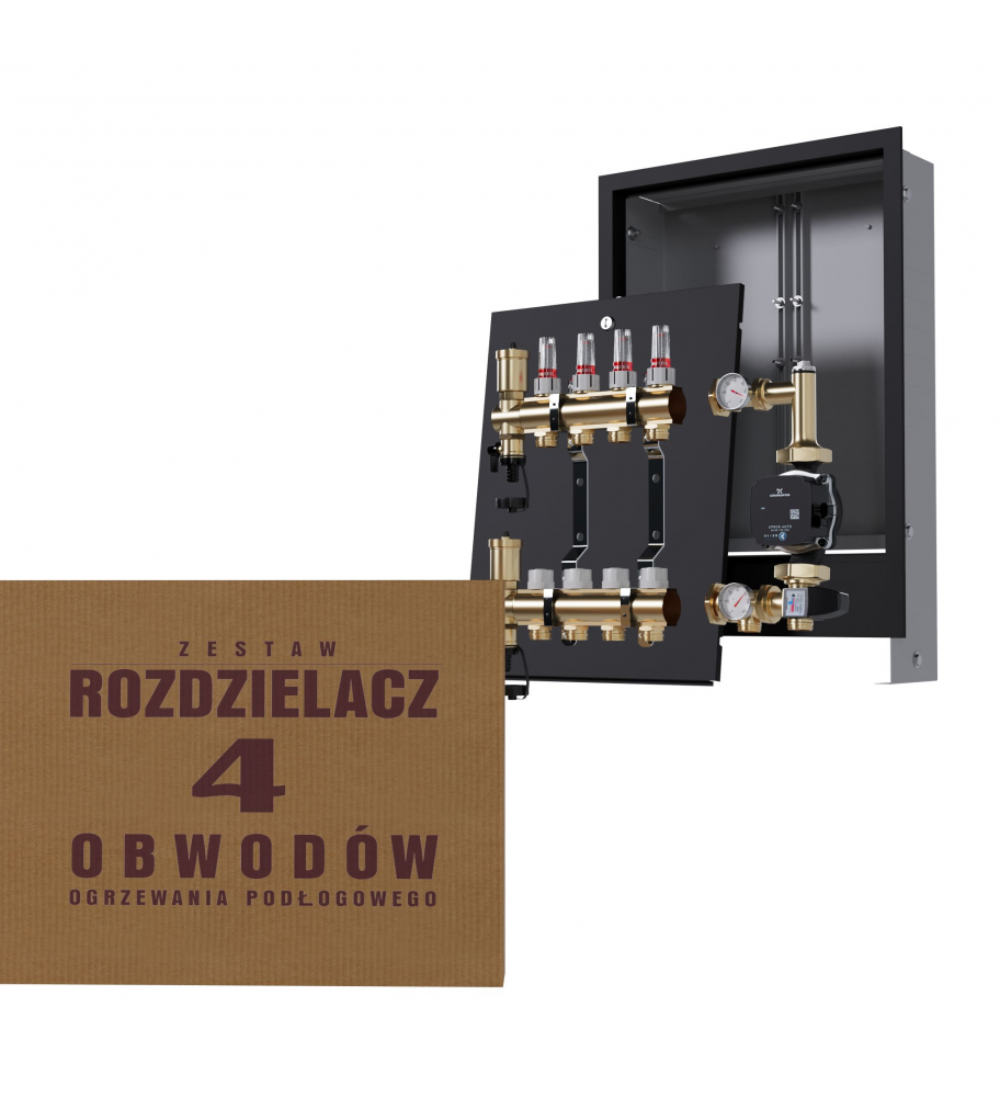 Mosiężny rozdzielacz 4-obwodowy + Grupa pompowa GRUNDFOS + skrzynka podtynkowa