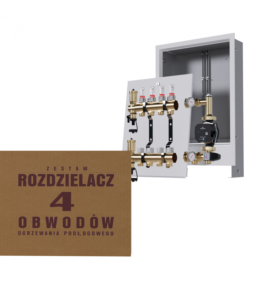 Mosiężny rozdzielacz 4-obwodowy + Grupa pompowa GRUNDFOS + skrzynka podtynkowa