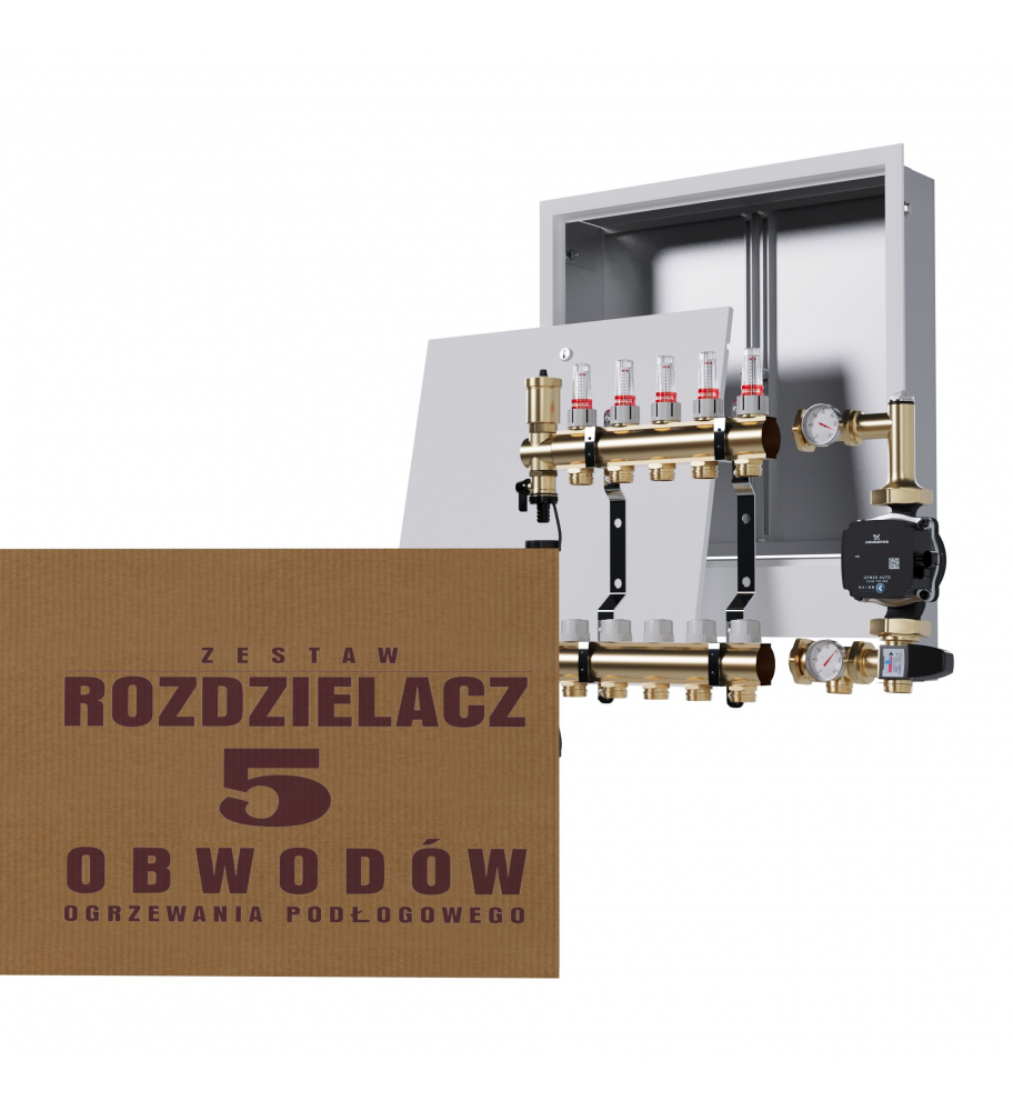 Mosiężny rozdzielacz 5-obwodowy + Grupa pompowa GRUNDFOS + skrzynka podtynkowa