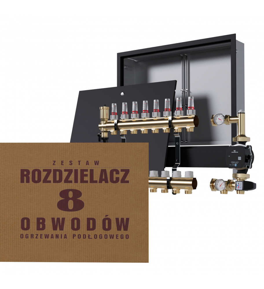 Mosiężny rozdzielacz 8-obwodowy + Grupa pompowa GRUNDFOS + skrzynka podtynkowa