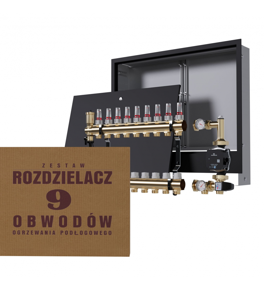 Mosiężny rozdzielacz 9-obwodowy + Grupa pompowa GRUNDFOS + skrzynka podtynkowa