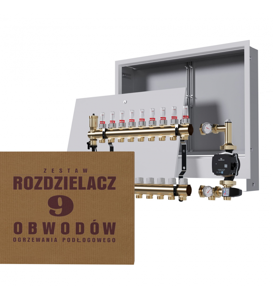 Mosiężny rozdzielacz 9-obwodowy + Grupa pompowa GRUNDFOS + skrzynka podtynkowa