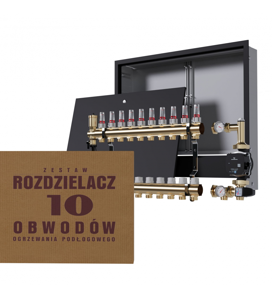 Mosiężny rozdzielacz 10-obwodowy + Grupa pompowa GRUNDFOS + skrzynka podtynkowa