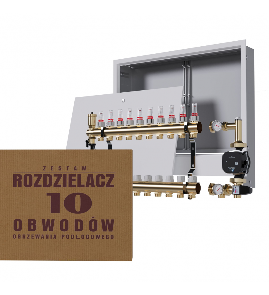 Mosiężny rozdzielacz 10-obwodowy + Grupa pompowa GRUNDFOS + skrzynka podtynkowa