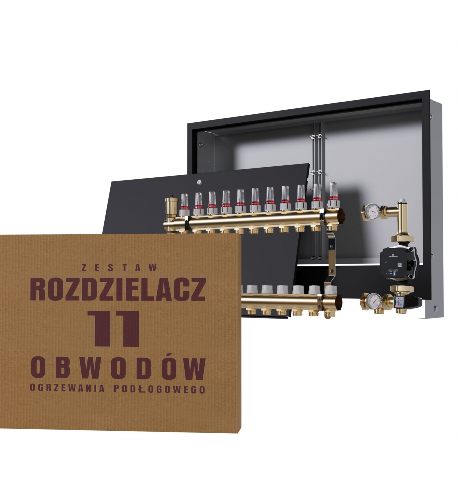 Mosiężny rozdzielacz 11-obwodowy + Grupa pompowa GRUNDFOS + skrzynka podtynkowa