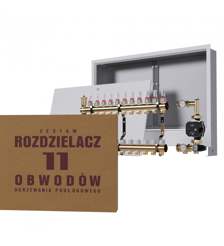 Mosiężny rozdzielacz 11-obwodowy + Grupa pompowa GRUNDFOS + skrzynka podtynkowa
