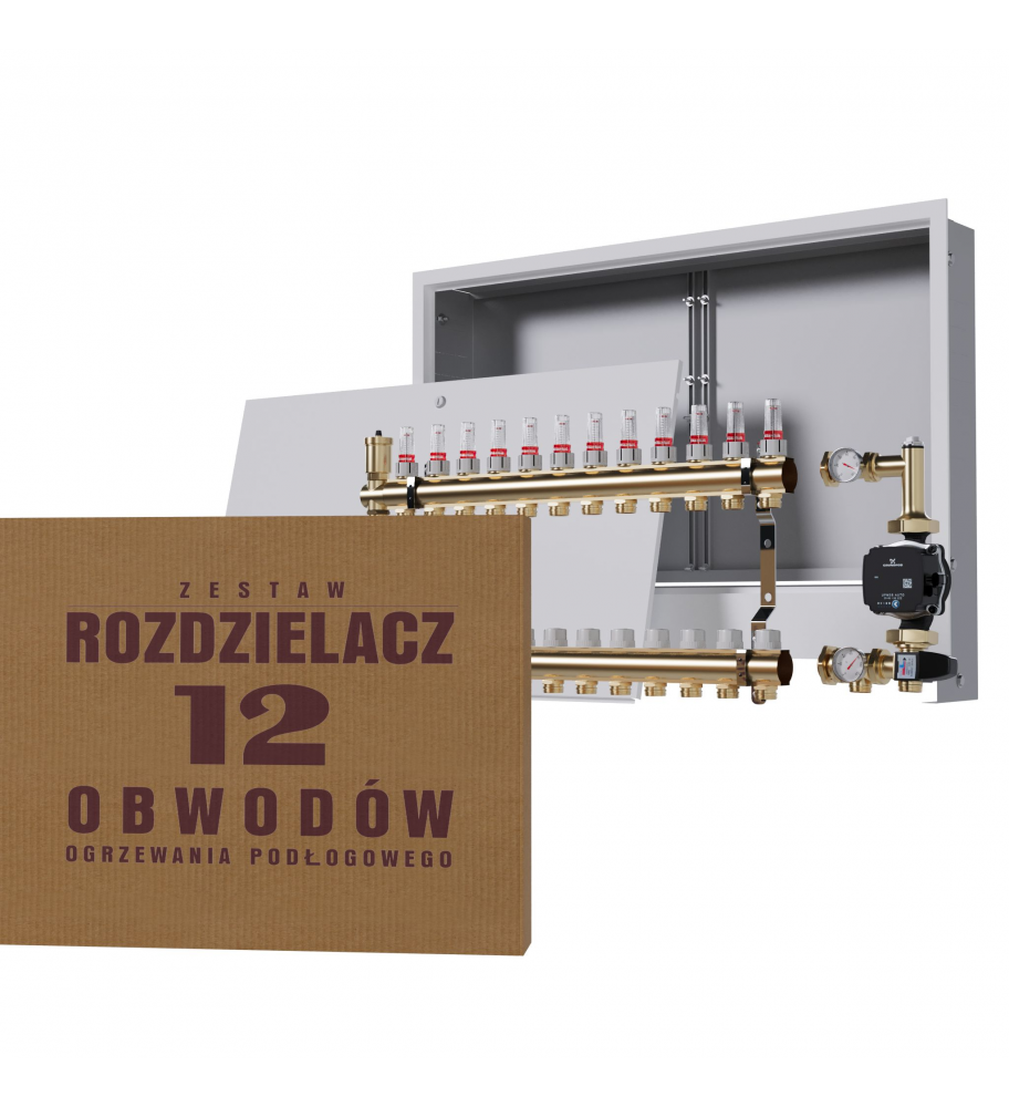 Mosiężny rozdzielacz 13-obwodowy + Grupa pompowa GRUNDFOS + skrzynka podtynkowa