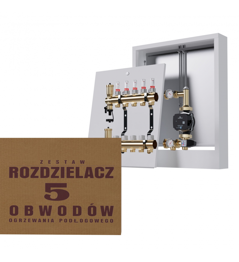 Rozdzielacz Mosiężny 5-obwodowy + Grupa Pompowa WILO + Skrzynka Natynkowa
