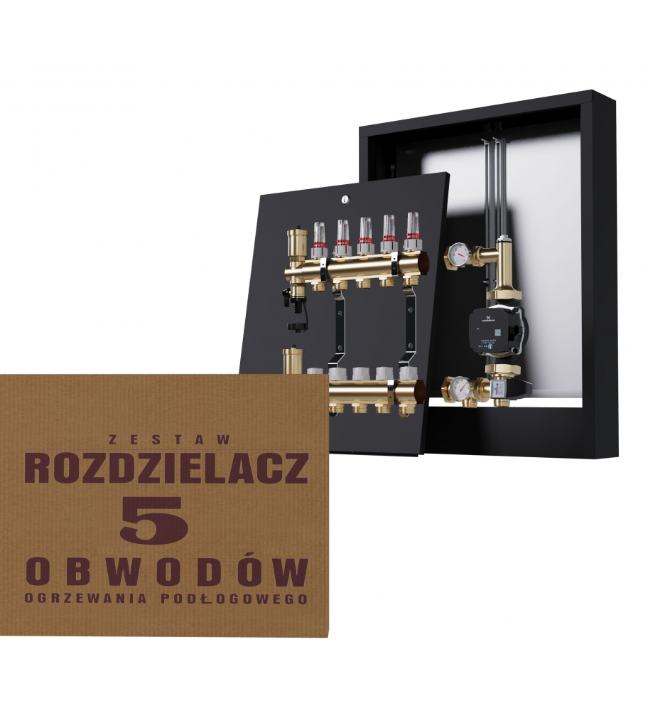Rozdzielacz Mosiężny 5-obwodowy + Grupa Pompowa WILO + Skrzynka Natynkowa