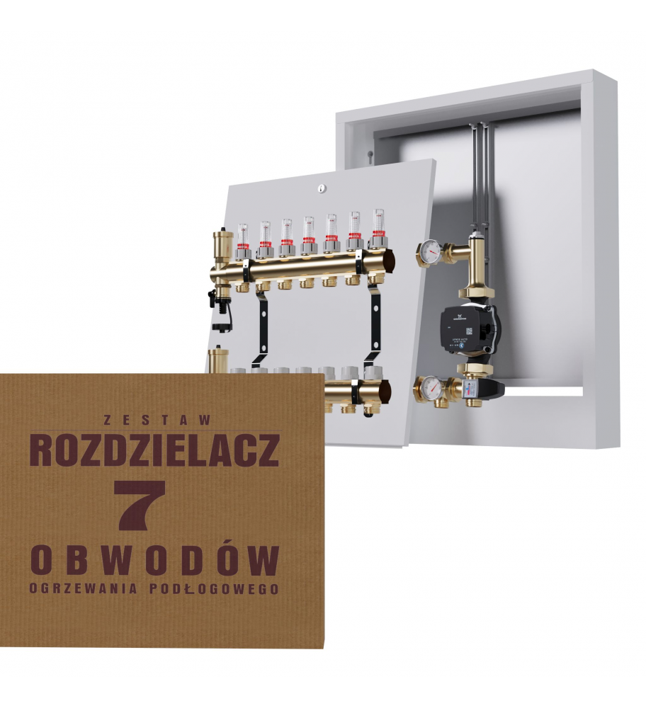 Rozdzielacz Mosiężny 7-obwodowy + Grupa Pompowa WILO + Skrzynka Natynkowa - Zestaw