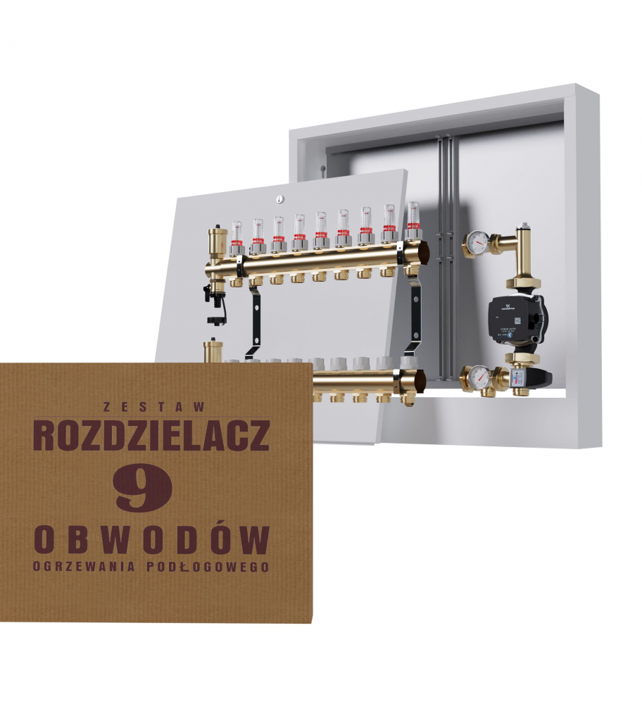 Rozdzielacz Mosiężny 9-obwodowy + Grupa Pompowa WILO + Skrzynka Natynkowa