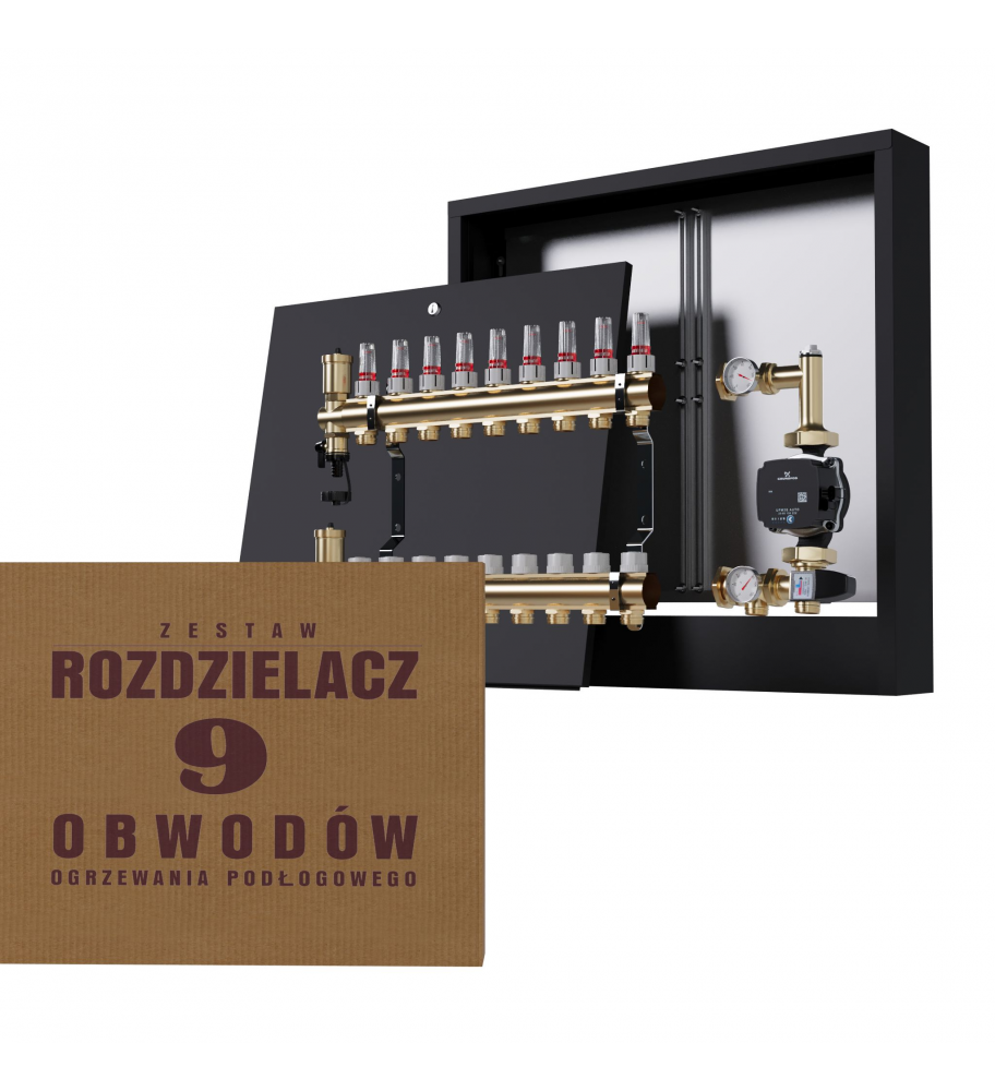 Rozdzielacz Mosiężny 9-obwodowy + Grupa Pompowa WILO + Skrzynka Natynkowa