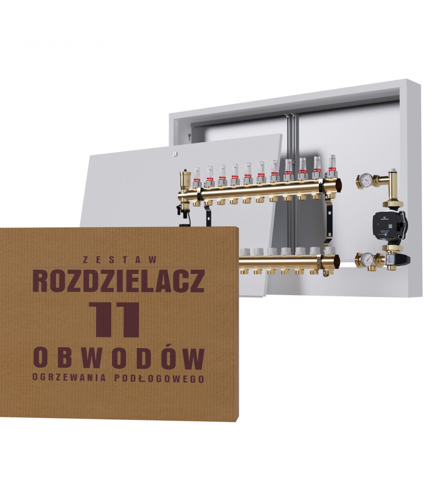 Zestaw rozdzielacz Mosiężny 11-obwodowy + Grupa Pompowa WILO + Skrzynka Natynkowa