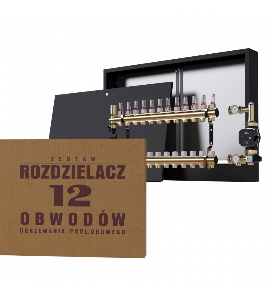 Zestaw Rozdzielacz Mosiężny 12-obwodowy + Grupa Pompowa WILO + Skrzynka Natynkowa