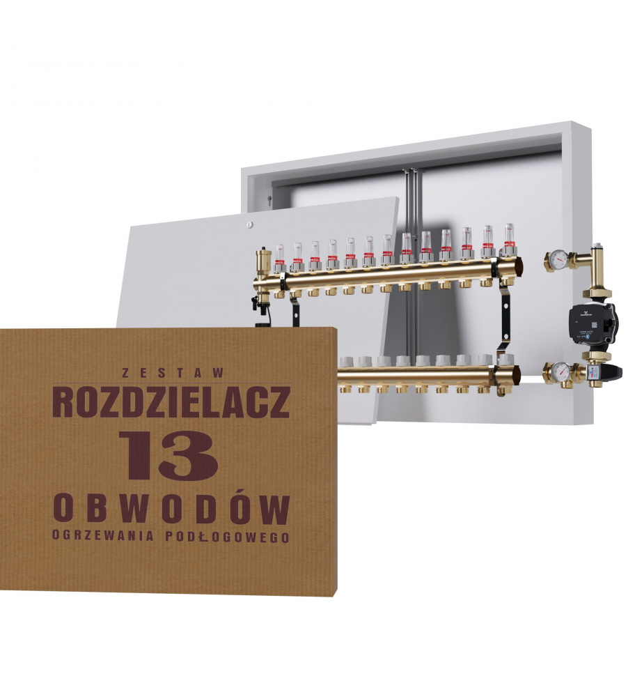 Zestaw Rozdzielacz Mosiężny 13-obwodowy + Grupa Pompowa WILO + Skrzynka Natynkowa