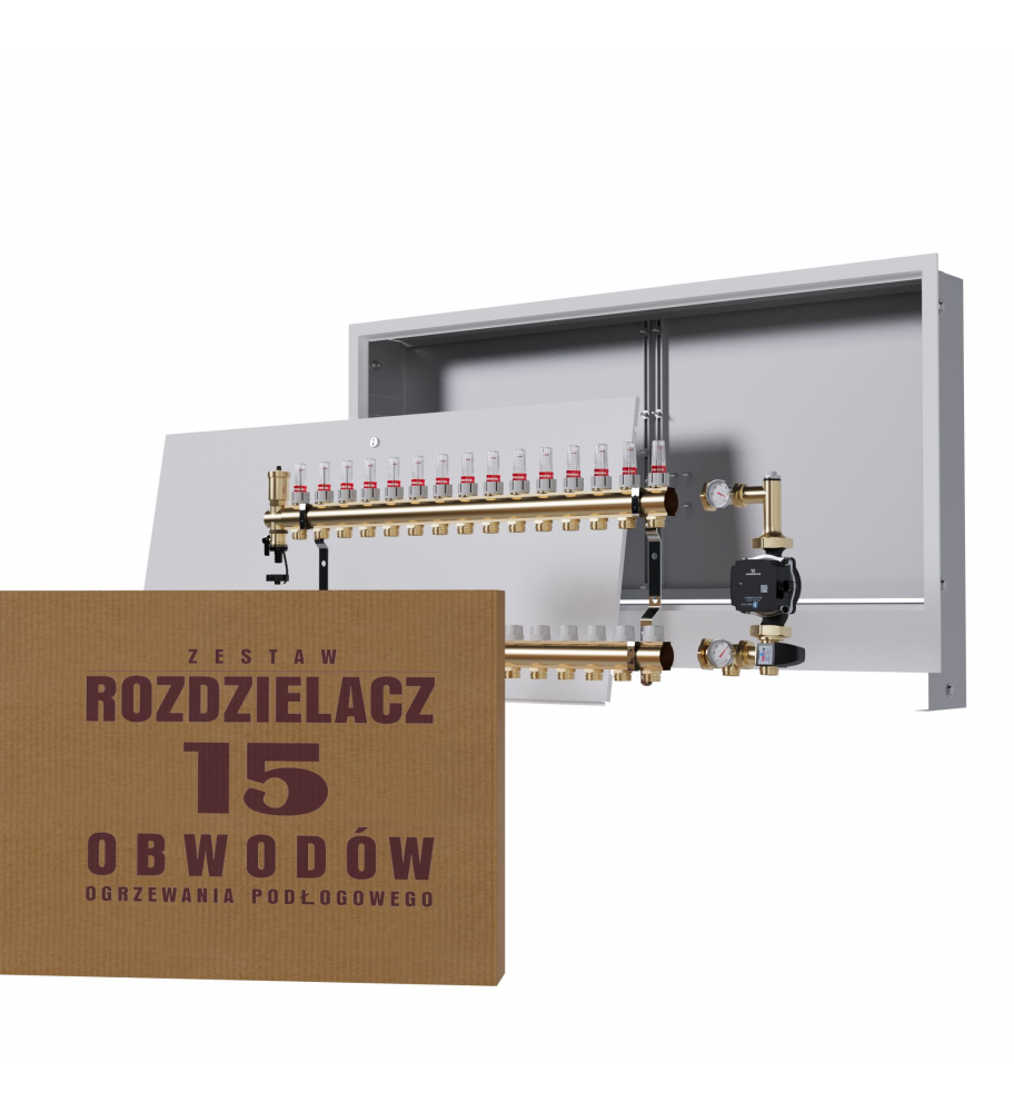 Rozdzielacz Mosiężny 15-obwodowy + Grupa Pompowa WILO + Skrzynka Natynkowa - Zestaw
