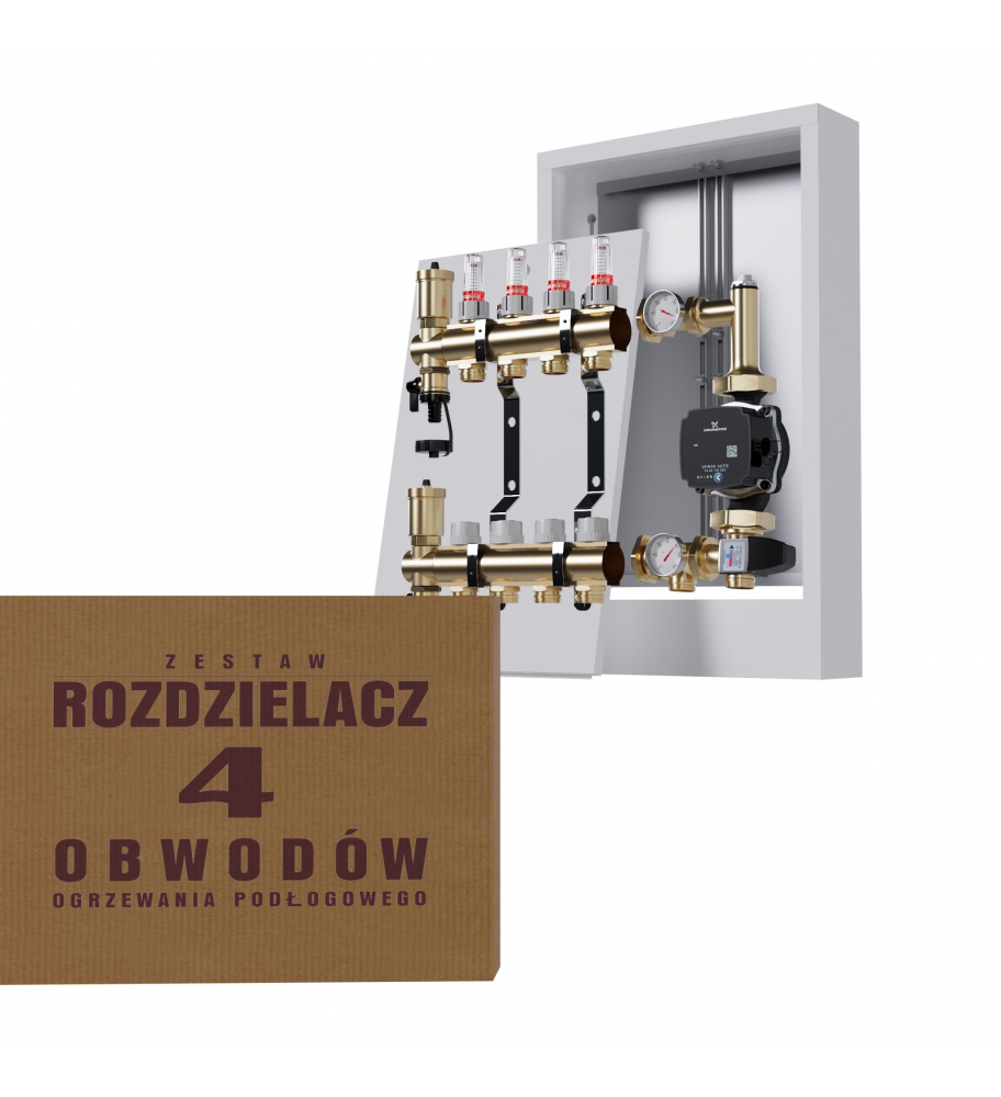 Zestaw rozdzielacz Mosiężny 4-obwodowy + Grupa Pompowa GRUNDFOS + Skrzynka Natynkowa