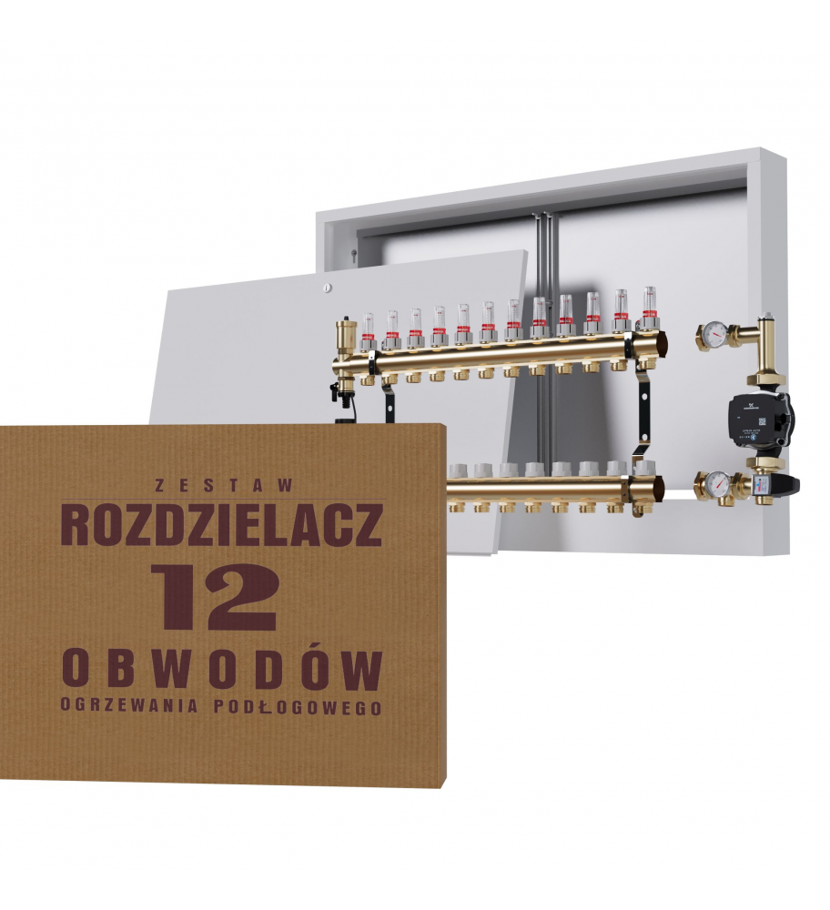 Zestaw Rozdzielacz Mosiężny 12-obwodowy + Grupa Pompowa GRUNDFOS + Skrzynka Natynkowa