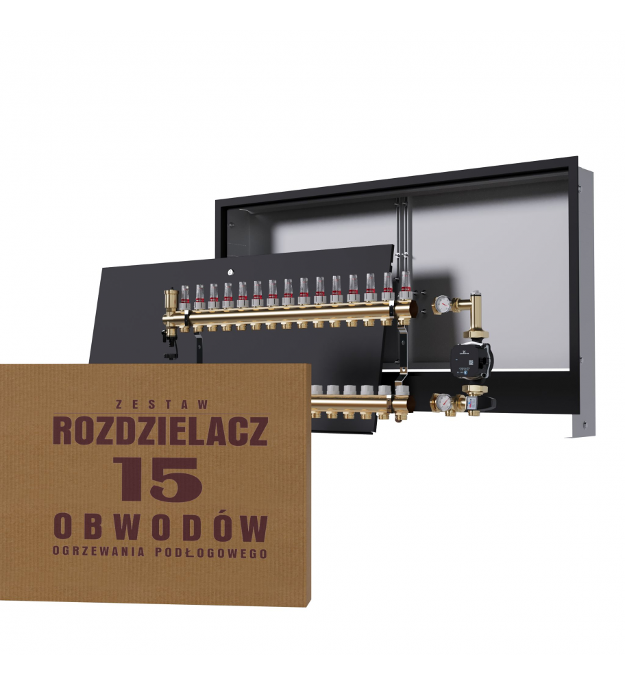 Zestaw Rozdzielacz Mosiężny 15-obwodowy + Grupa Pompowa GRUNDFOS + Skrzynka Natynkowa