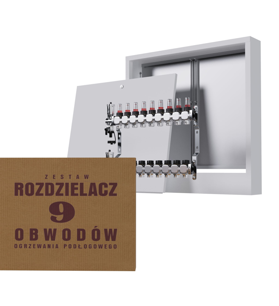 Zestaw rozdzielacz nierdzewny 9-obwodowy + skrzynka natynkowa - Wysyłka24h