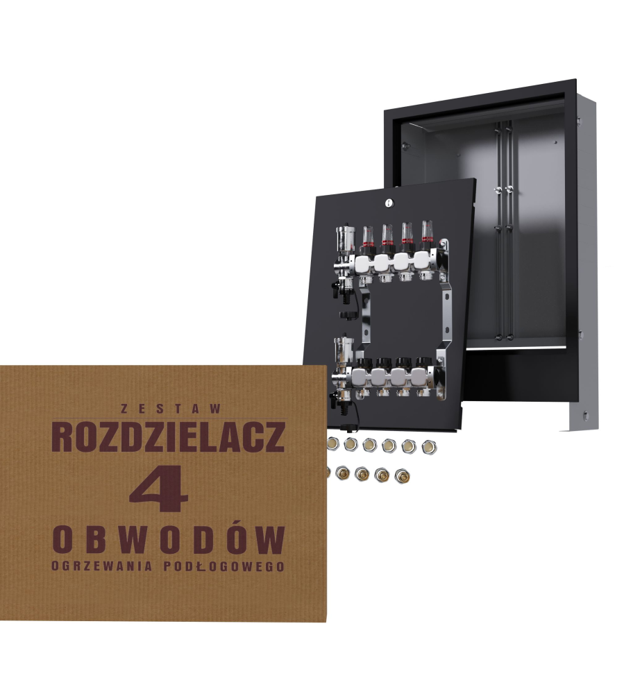 Rozdzielacz nierdzewny 4-obwodowy + złączki PEX + Skrzynka Podtynkowa - Wysyłka24h